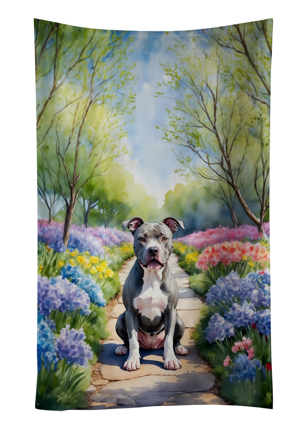 Pit Bull Terrier Spring Path Kitchen Towel Velour Plush Front and Cotton Loop Back Machine Washable