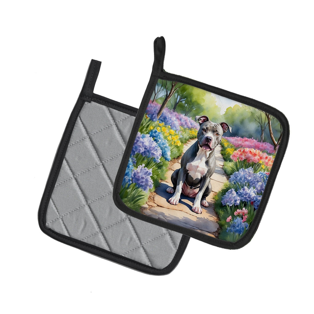 Pit Bull Terrier Spring Path Pot Holder Set of 2 Heat Resistant Quilted Hot Pads 7.5 x 7.5 Inch, Insulated Kitchen Trivets for Cooking & Baking