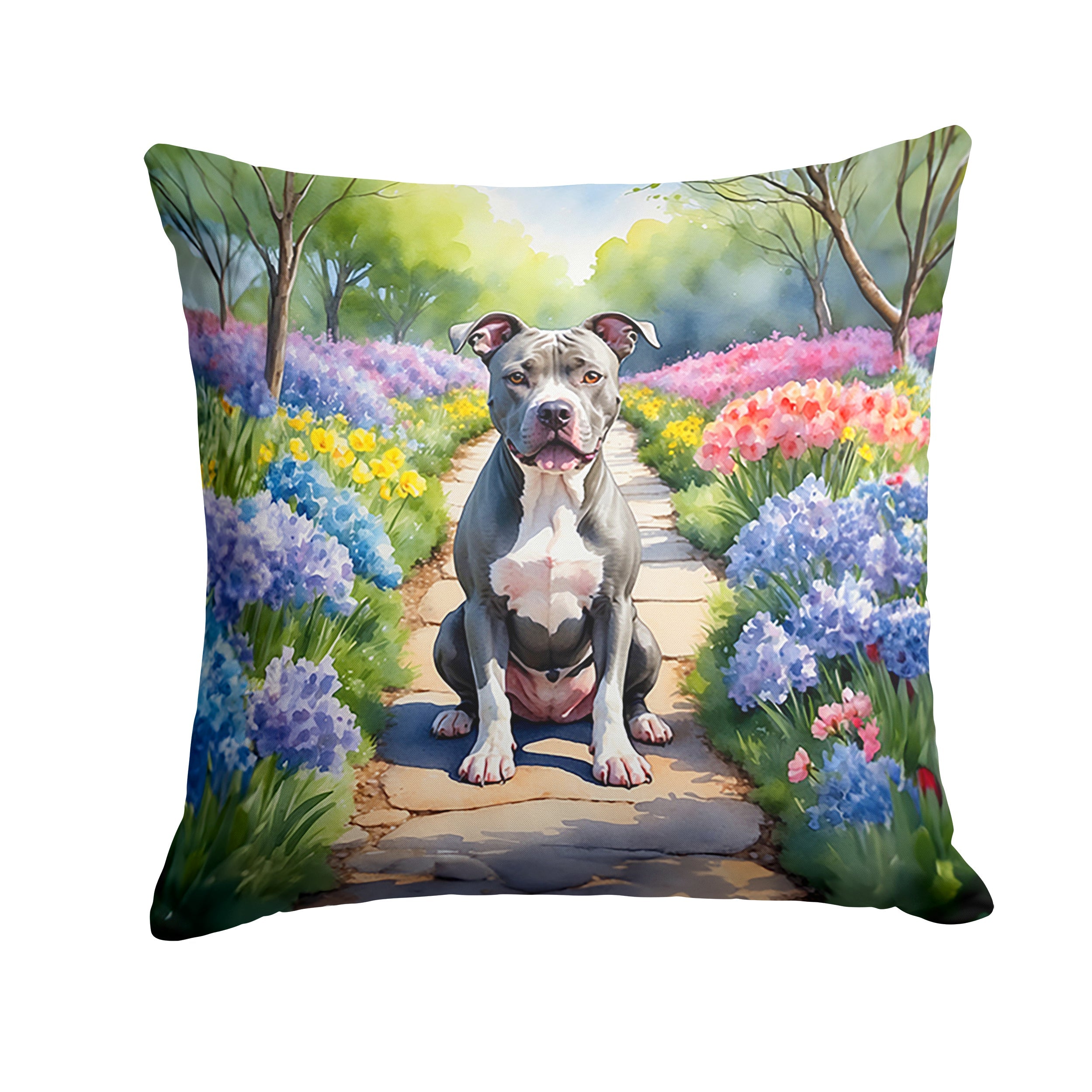 Pit Bull Terrier Spring Path Decorative Throw Pillow 18x18 Indoor Outdoor Accent Cushion, Fabric Cover with Insert for Sofa, Bed, Porch & Living Room