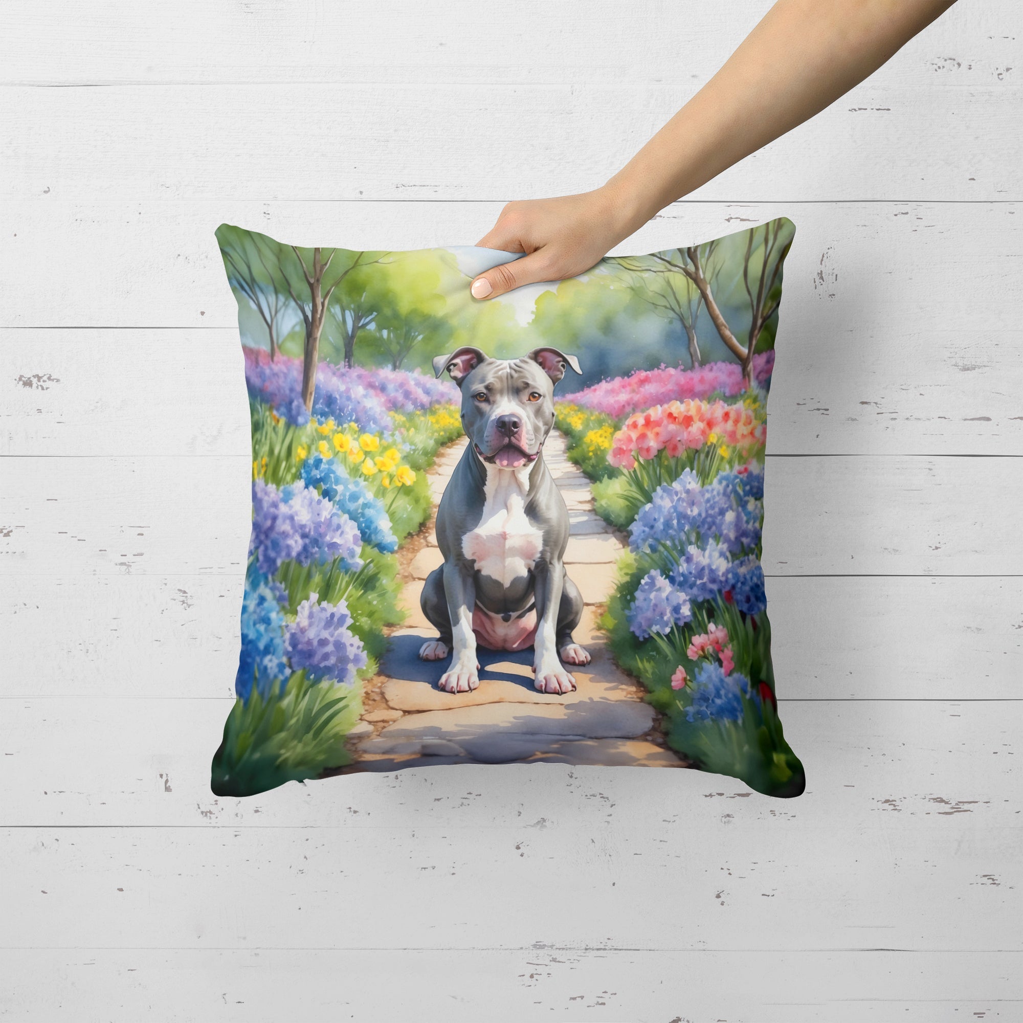 Pit Bull Terrier Spring Path Decorative Throw Pillow 18x18 Indoor Outdoor Accent Cushion, Fabric Cover with Insert for Sofa, Bed, Porch & Living Room