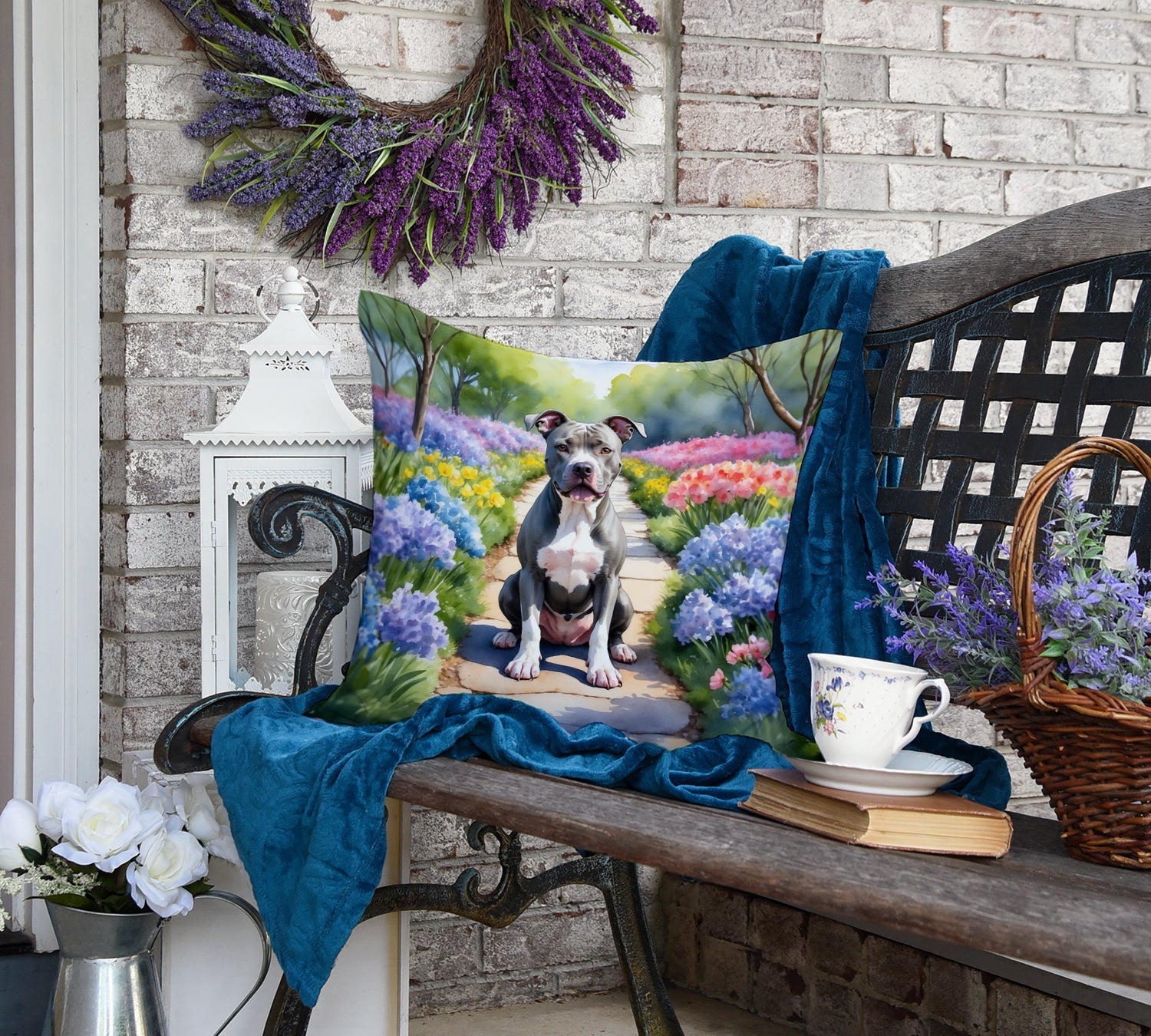Pit Bull Terrier Spring Path Decorative Throw Pillow 18x18 Indoor Outdoor Accent Cushion, Fabric Cover with Insert for Sofa, Bed, Porch & Living Room