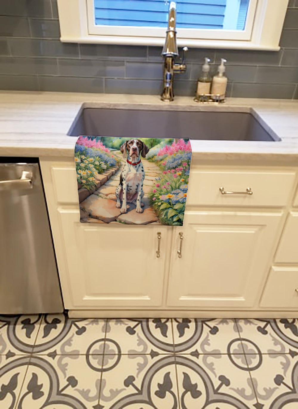 Pointer Spring Path Kitchen Towel Velour Plush Front and Cotton Loop Back Machine Washable
