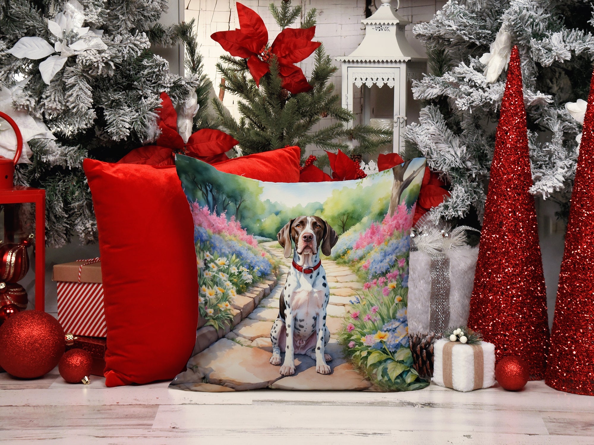 Pointer Spring Path Decorative Throw Pillow 14x14 Indoor Outdoor Accent Cushion, Fabric Cover with Insert for Sofa, Bed, Porch & Living Room