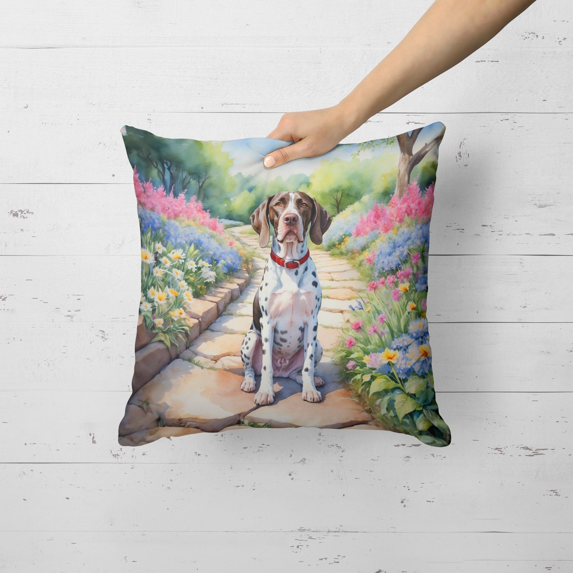 Pointer Spring Path Decorative Throw Pillow 18x18 Indoor Outdoor Accent Cushion, Fabric Cover with Insert for Sofa, Bed, Porch & Living Room