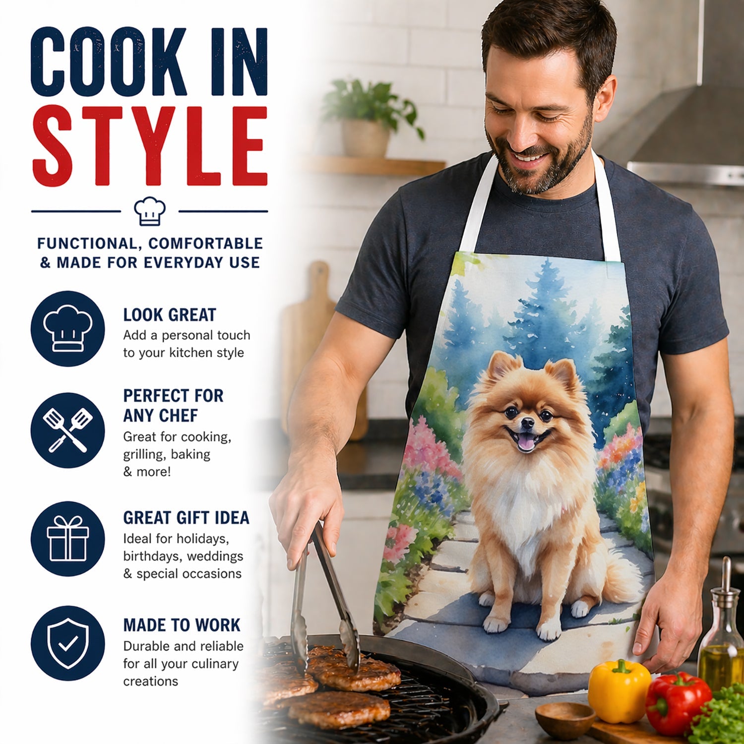 Pomeranian Spring Path Apron Cooking Kitchen Server Baking Crafts Gardening for Adult Women Men, Unisex, Large, Multicolor
