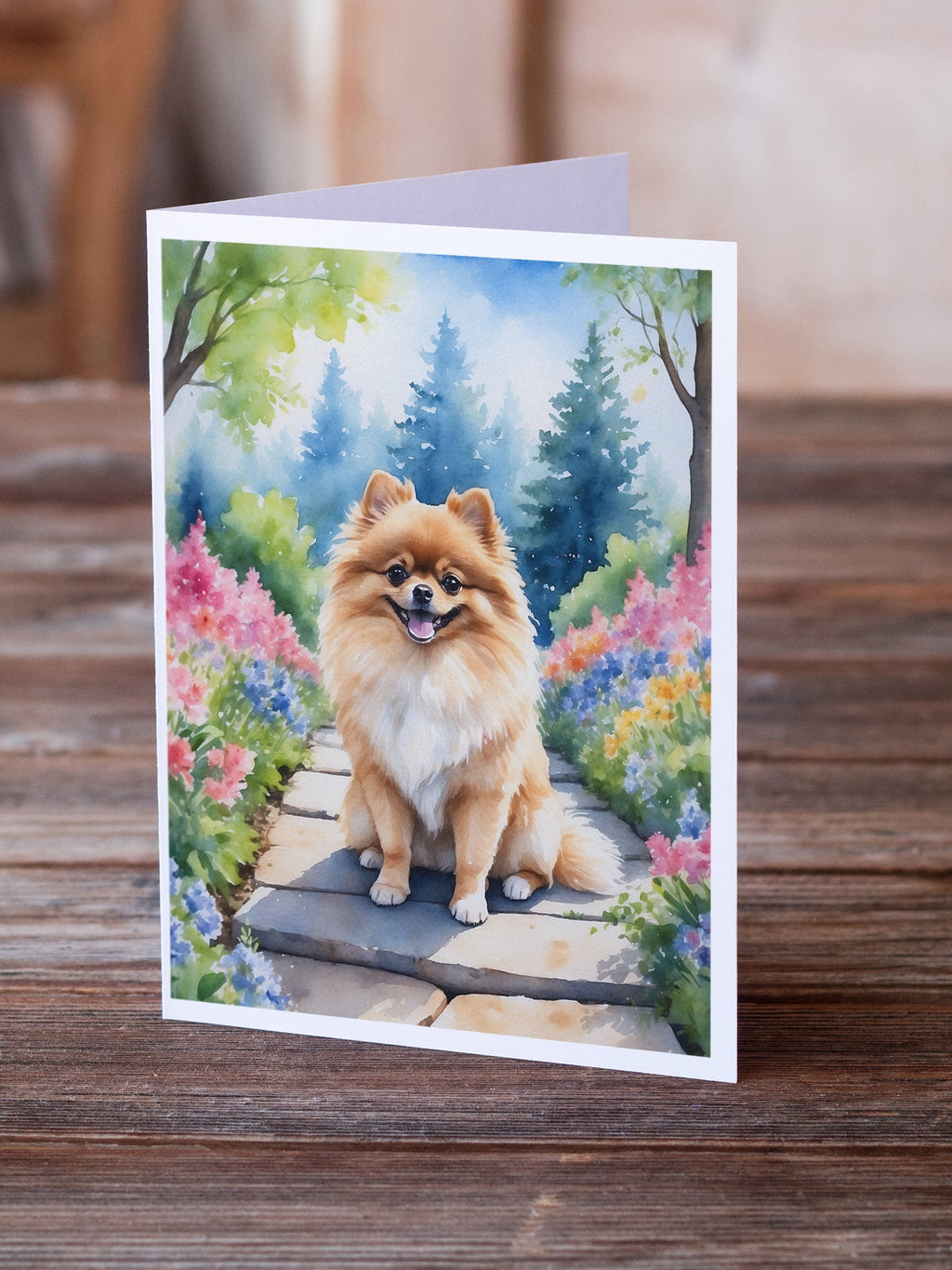 Pomeranian Spring Path Greeting Cards Pack of 8 Blank Cards with Envelopes Whimsical A7 Size 5x7