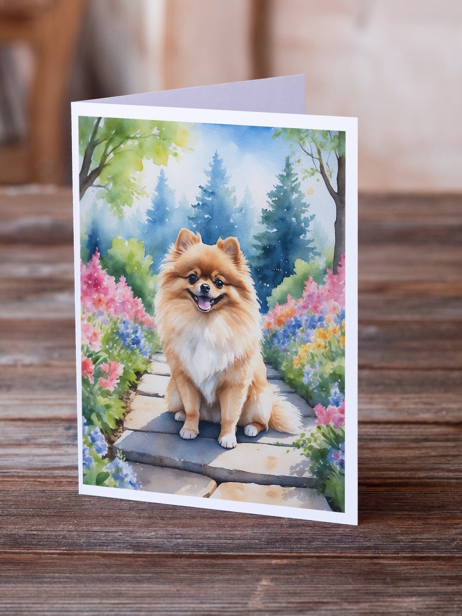 Pomeranian Spring Path Greeting Cards Pack of 8 Blank Cards with Envelopes Whimsical A7 Size 5x7