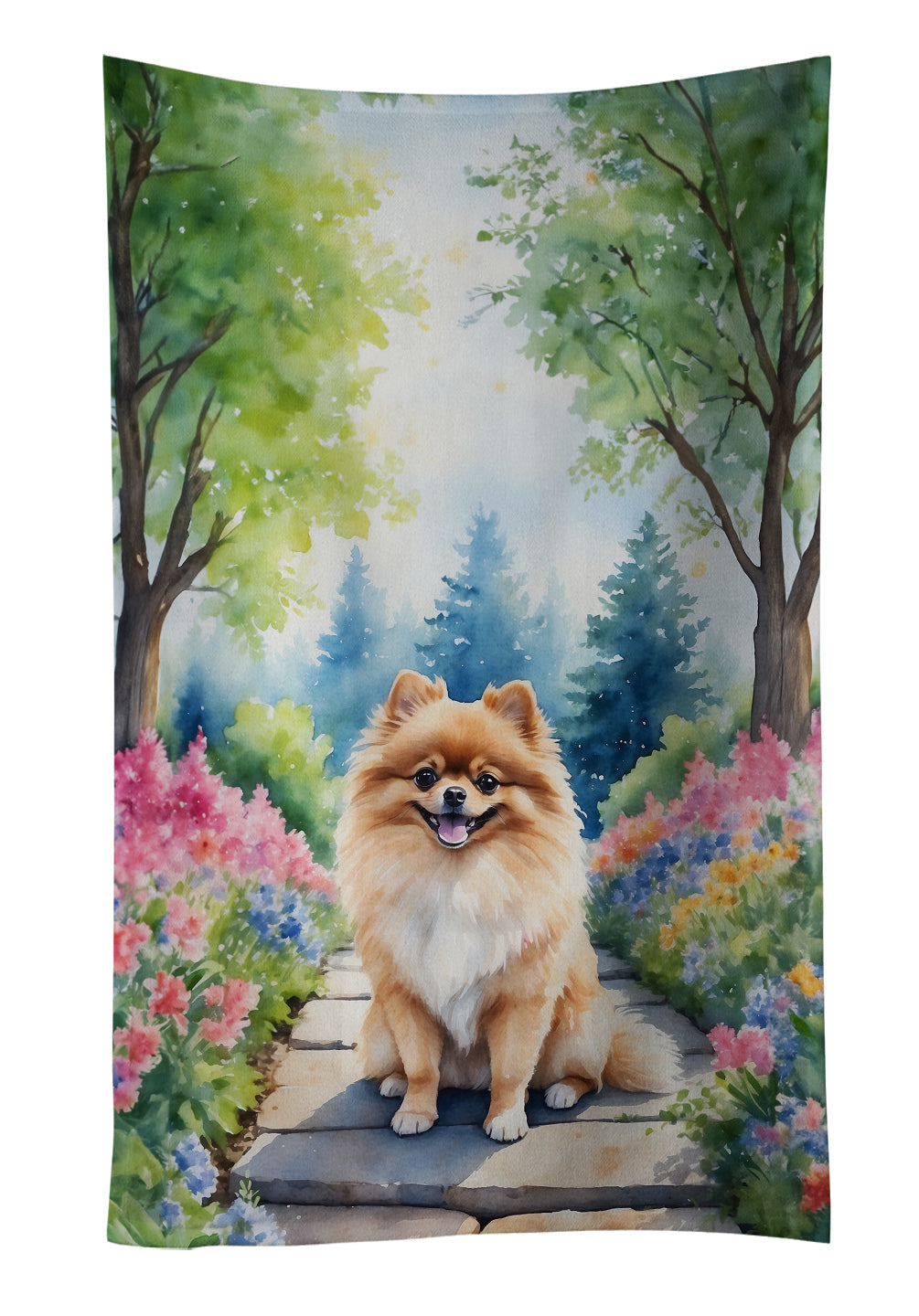 Pomeranian Spring Path Kitchen Towel Velour Plush Front and Cotton Loop Back Machine Washable