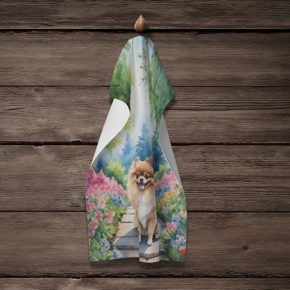 Pomeranian Spring Path Kitchen Towel Velour Plush Front and Cotton Loop Back Machine Washable