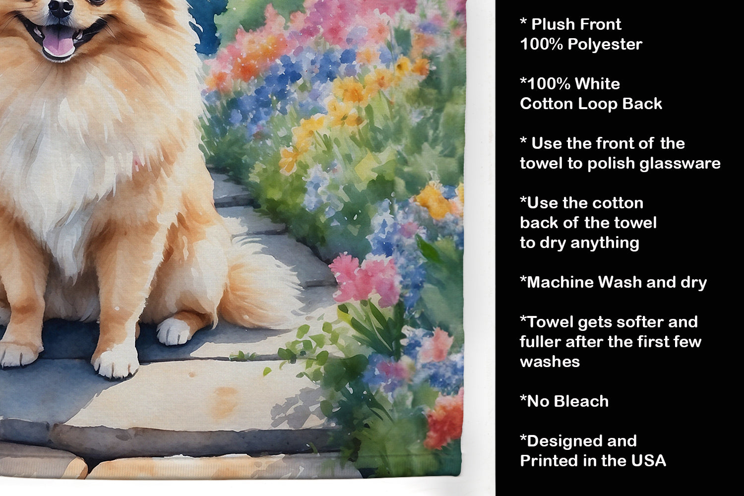 Pomeranian Spring Path Kitchen Towel Velour Plush Front and Cotton Loop Back Machine Washable