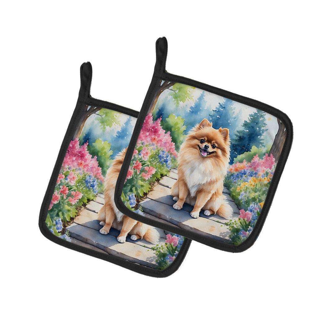 Pomeranian Spring Path Pot Holder Set of 2 Heat Resistant Quilted Hot Pads 7.5 x 7.5 Inch, Insulated Kitchen Trivets for Cooking & Baking