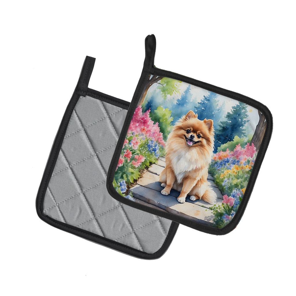 Pomeranian Spring Path Pot Holder Set of 2 Heat Resistant Quilted Hot Pads 7.5 x 7.5 Inch, Insulated Kitchen Trivets for Cooking & Baking