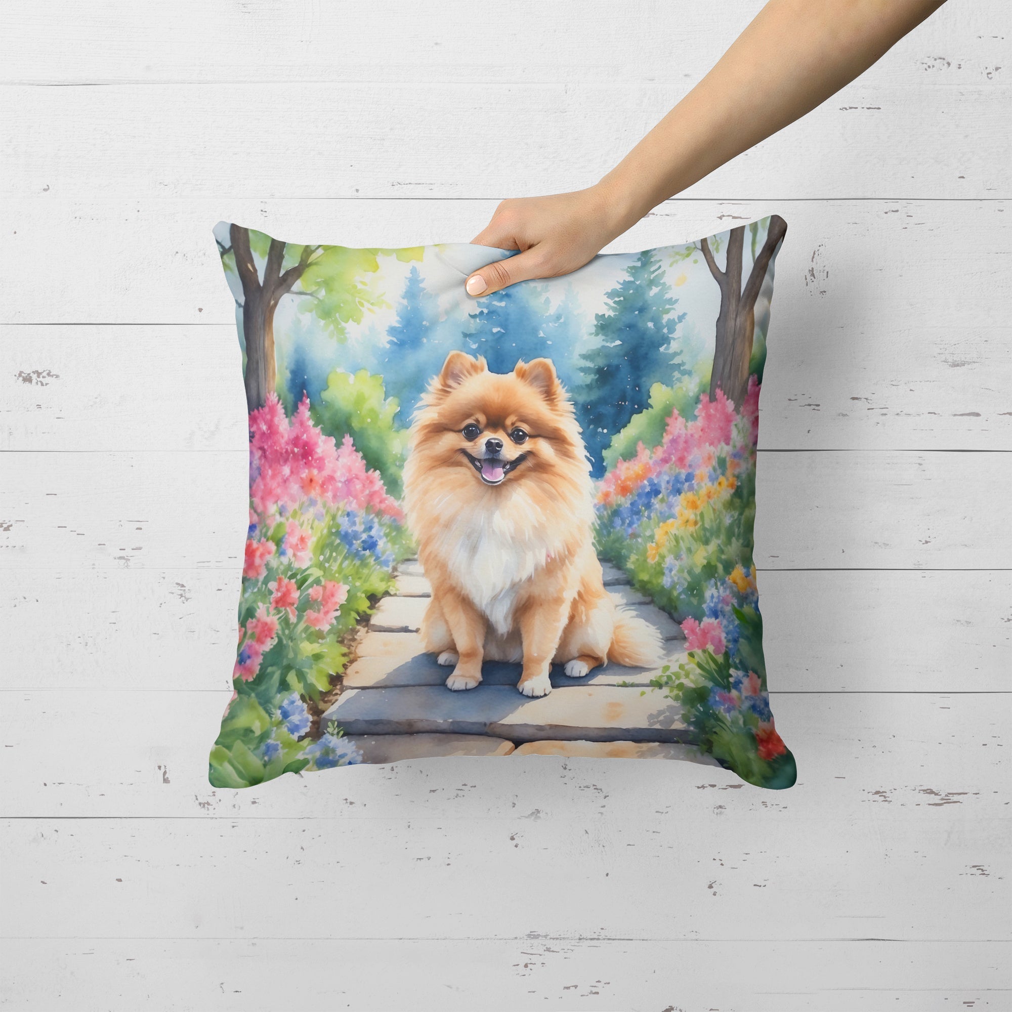 Pomeranian Spring Path Decorative Throw Pillow 18x18 Indoor Outdoor Accent Cushion, Fabric Cover with Insert for Sofa, Bed, Porch & Living Room