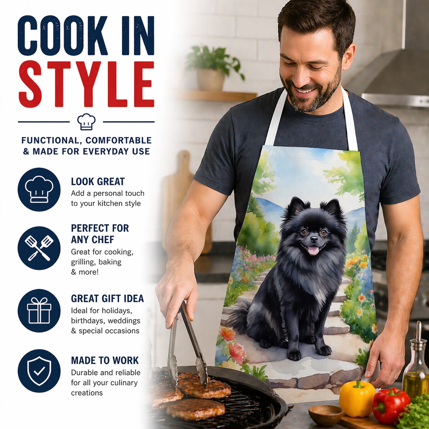 Pomeranian Spring Path Apron Cooking Kitchen Server Baking Crafts Gardening for Adult Women Men, Unisex, Large, Multicolor