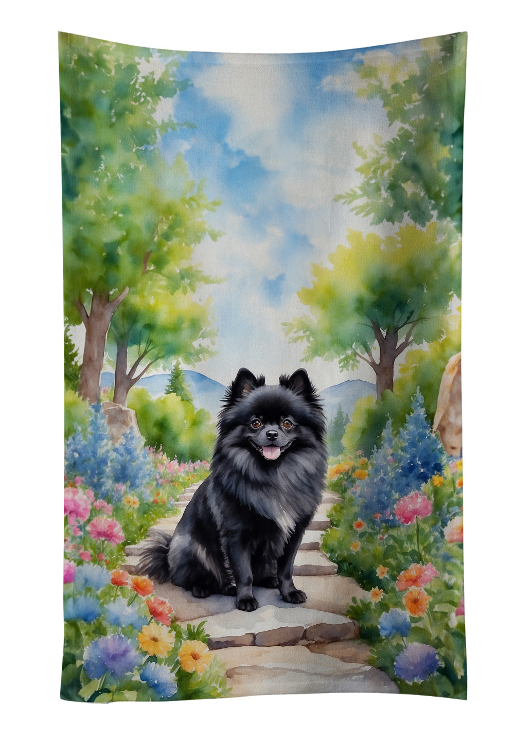 Pomeranian Spring Path Kitchen Towel Velour Plush Front and Cotton Loop Back Machine Washable