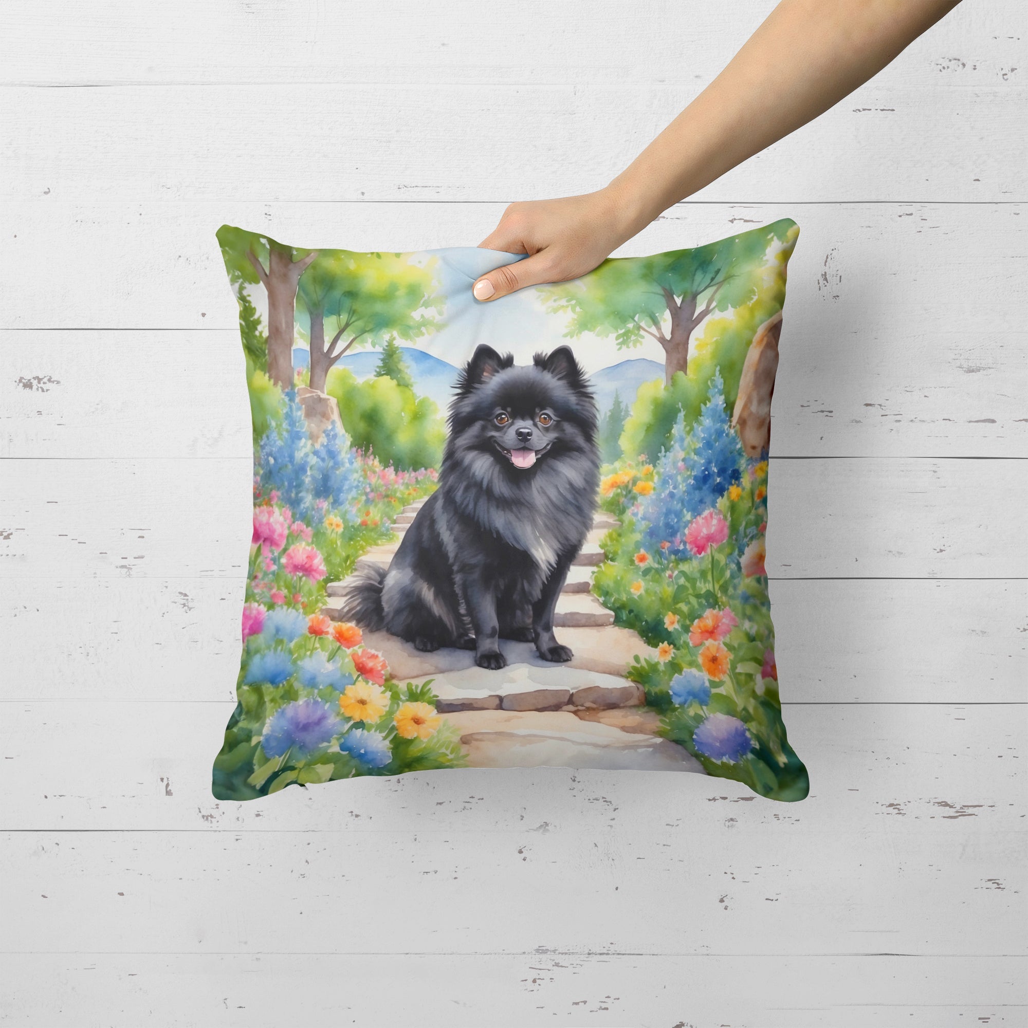Pomeranian Spring Path Decorative Throw Pillow 18x18 Indoor Outdoor Accent Cushion, Fabric Cover with Insert for Sofa, Bed, Porch & Living Room