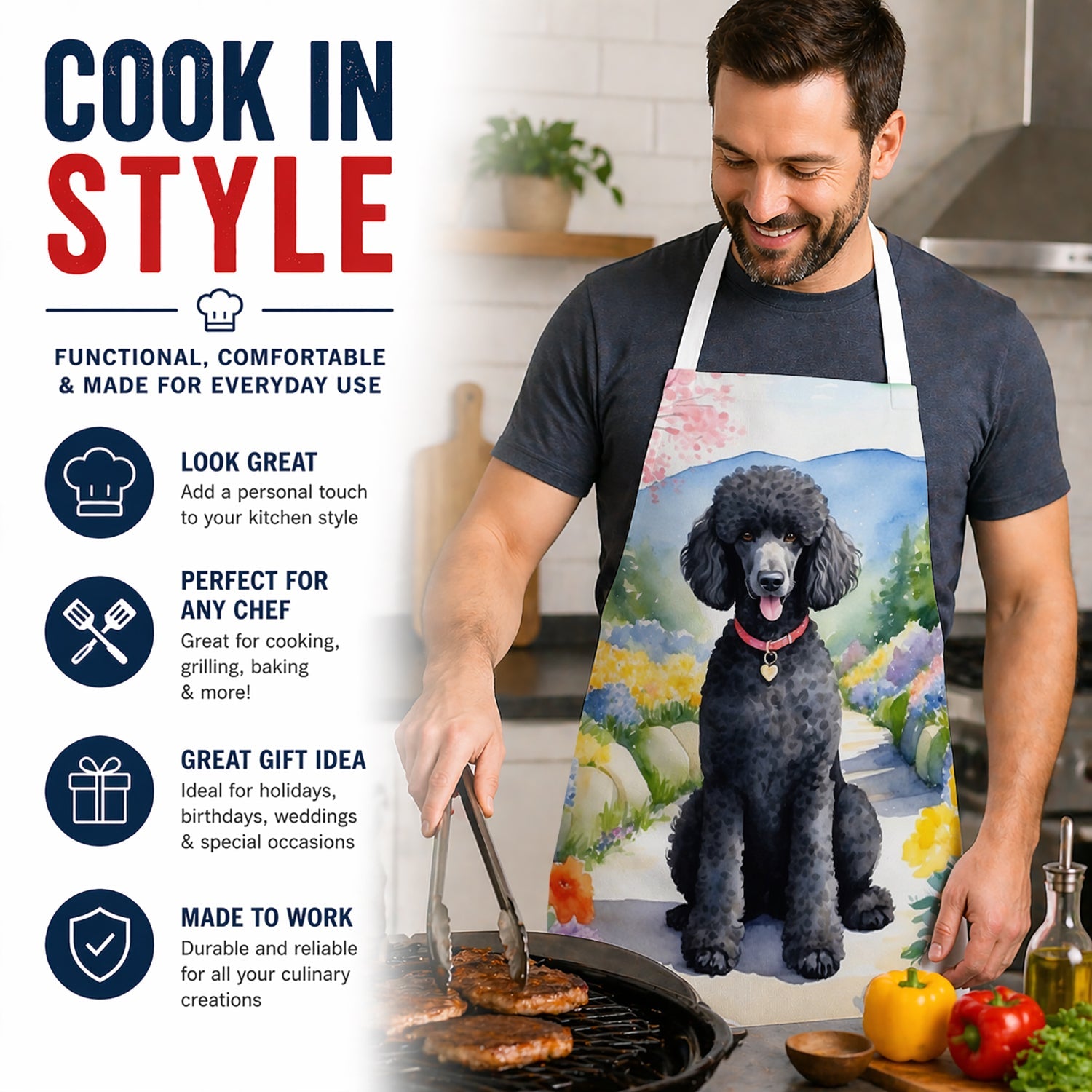Black Poodle Spring Path Apron Cooking Kitchen Server Baking Crafts Gardening for Adult Women Men, Unisex, Large, Multicolor