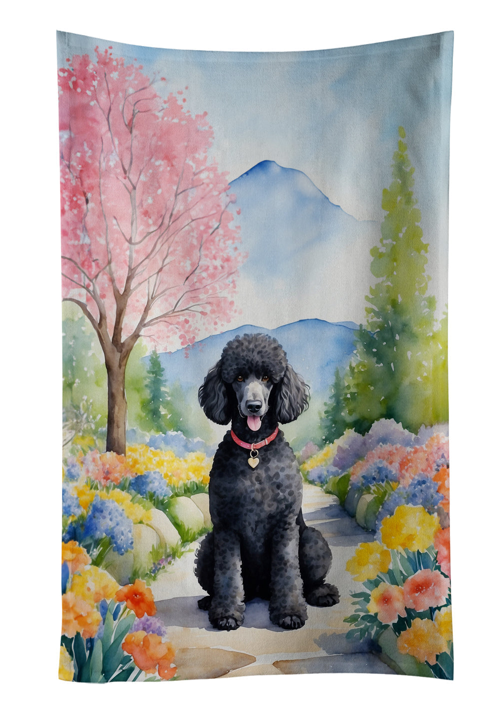 Black Poodle Spring Path Kitchen Towel Velour Plush Front and Cotton Loop Back Machine Washable
