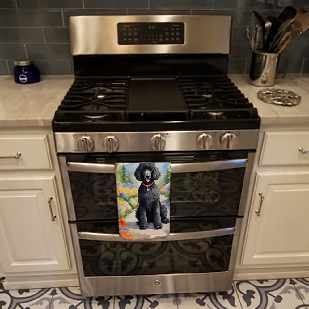 Black Poodle Spring Path Kitchen Towel Velour Plush Front and Cotton Loop Back Machine Washable