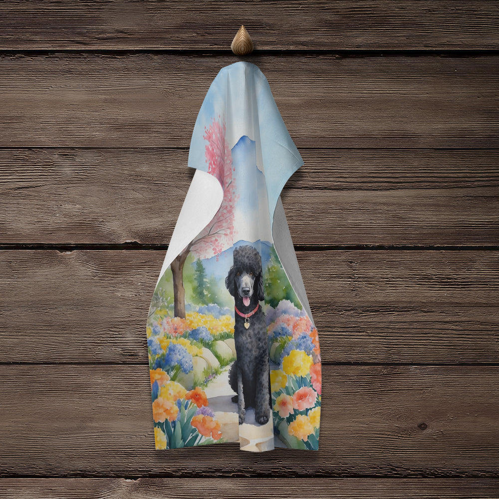 Black Poodle Spring Path Kitchen Towel Velour Plush Front and Cotton Loop Back Machine Washable