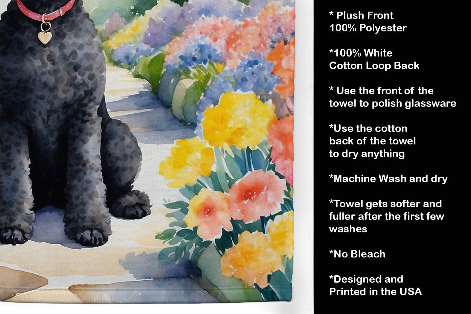 Black Poodle Spring Path Kitchen Towel Velour Plush Front and Cotton Loop Back Machine Washable