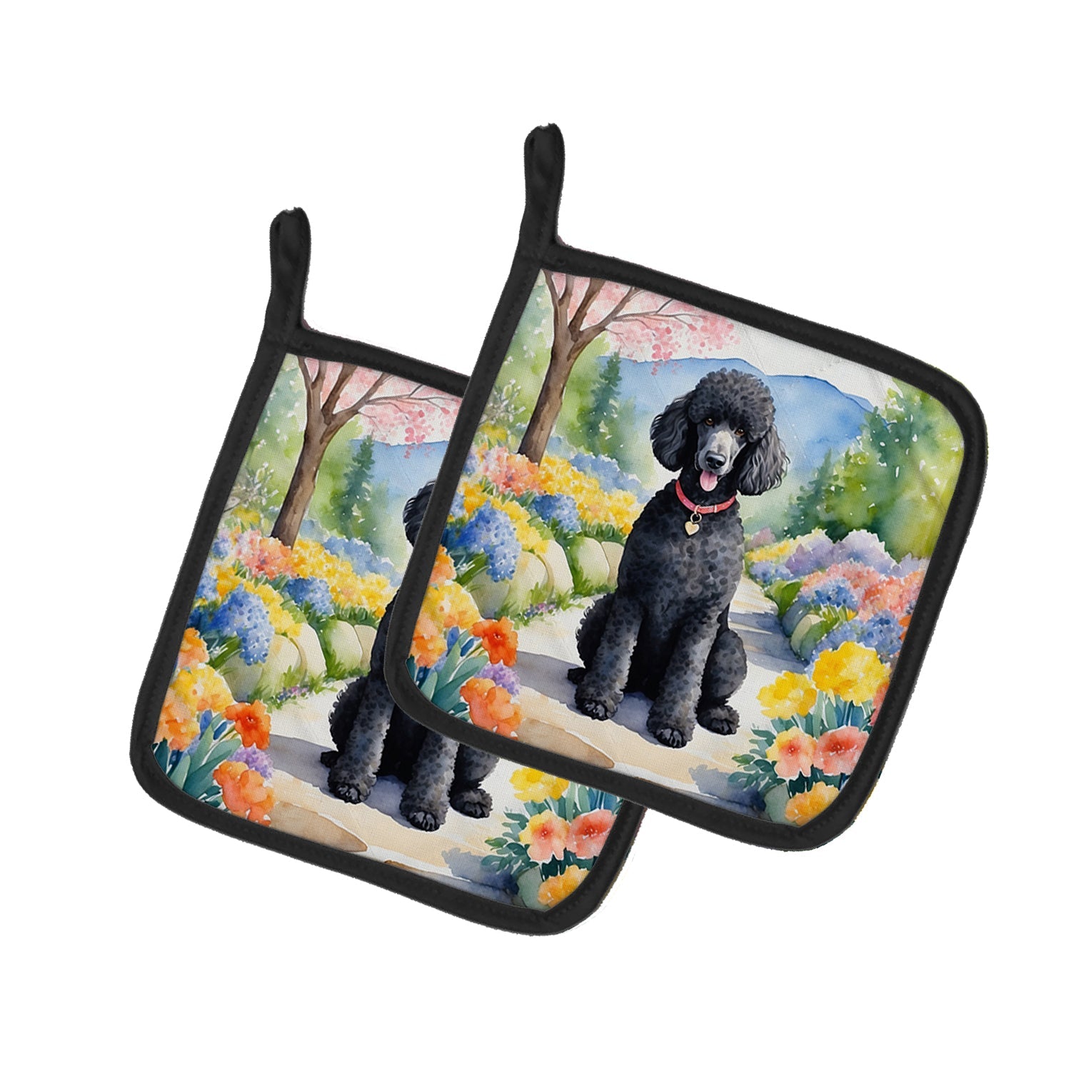 Black Poodle Spring Path Pot Holder Set of 2 Heat Resistant Quilted Hot Pads 7.5 x 7.5 Inch, Insulated Kitchen Trivets for Cooking & Baking