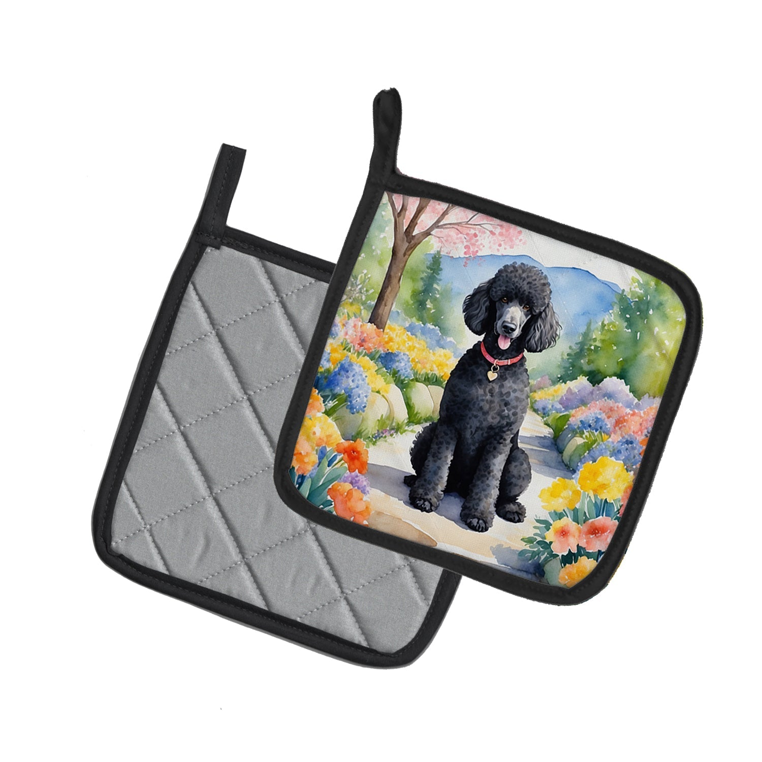 Black Poodle Spring Path Pot Holder Set of 2 Heat Resistant Quilted Hot Pads 7.5 x 7.5 Inch, Insulated Kitchen Trivets for Cooking & Baking