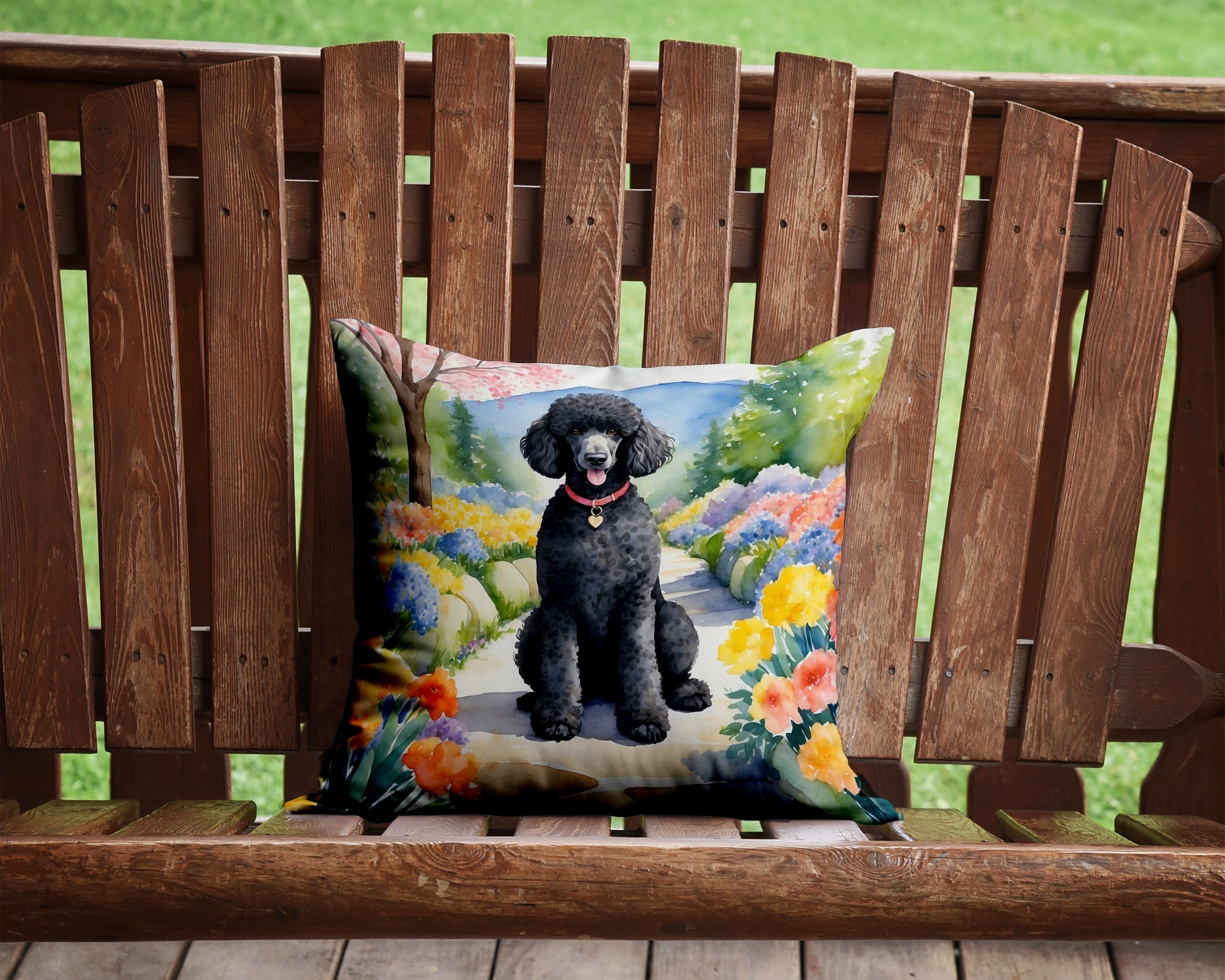 Black Poodle Spring Path Decorative Throw Pillow 14x14 Indoor Outdoor Accent Cushion, Fabric Cover with Insert for Sofa, Bed, Porch & Living Room