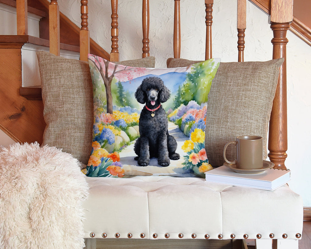 Black Poodle Spring Path Decorative Throw Pillow 14x14 Indoor Outdoor Accent Cushion, Fabric Cover with Insert for Sofa, Bed, Porch & Living Room