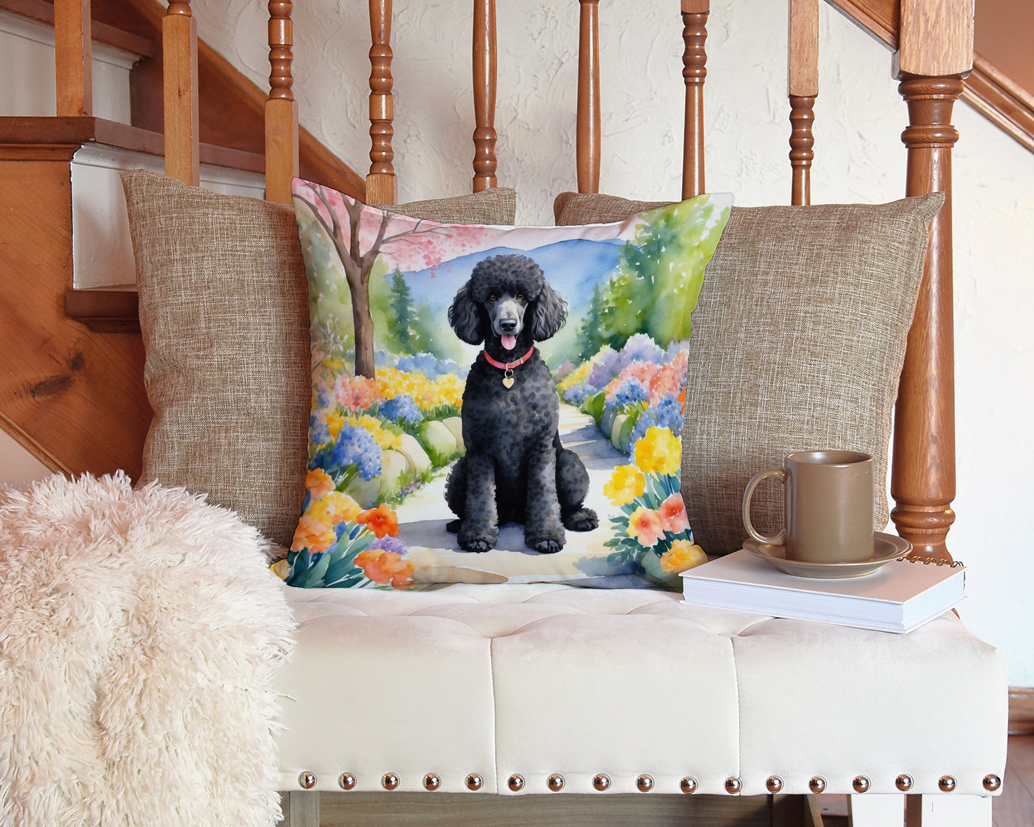 Black Poodle Spring Path Decorative Throw Pillow 14x14 Indoor Outdoor Accent Cushion, Fabric Cover with Insert for Sofa, Bed, Porch & Living Room
