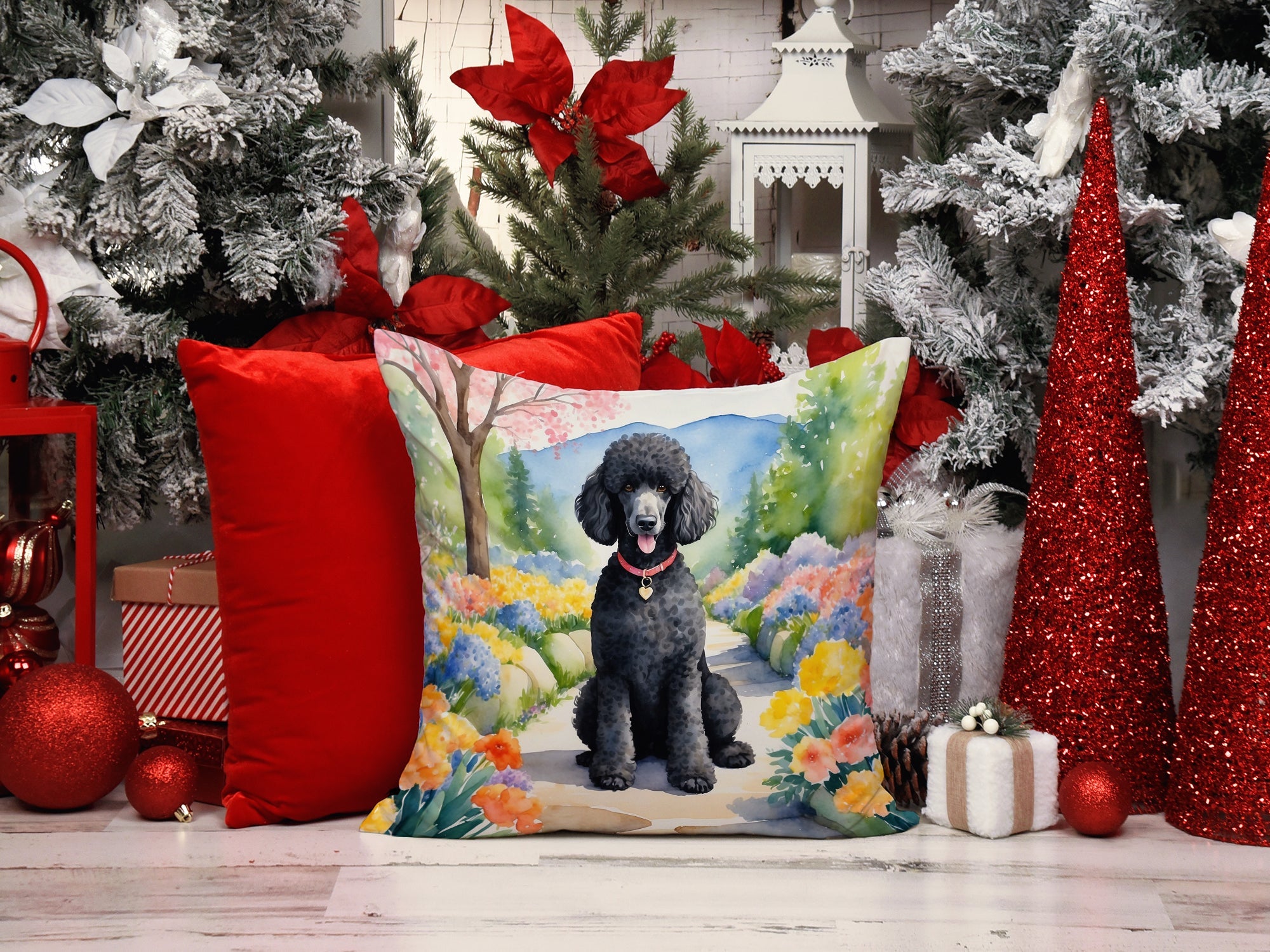 Black Poodle Spring Path Decorative Throw Pillow 14x14 Indoor Outdoor Accent Cushion, Fabric Cover with Insert for Sofa, Bed, Porch & Living Room