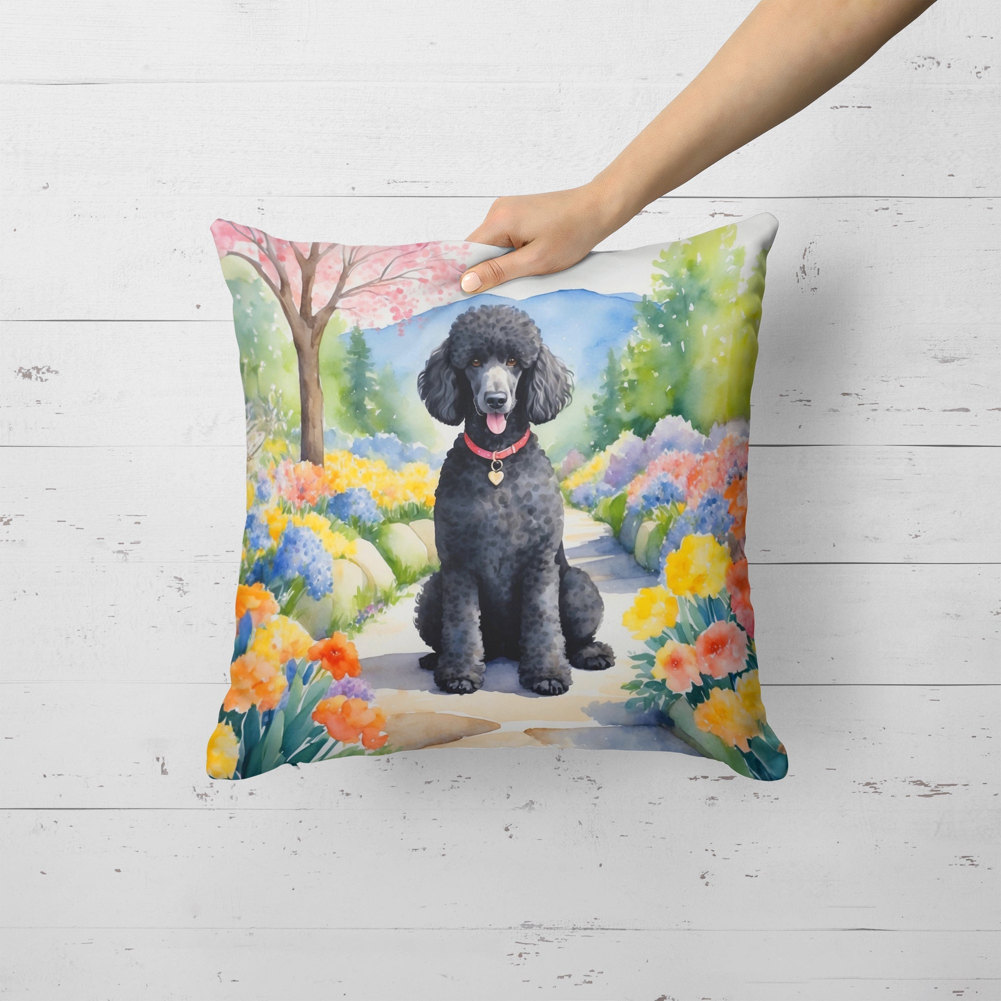 Black Poodle Spring Path Decorative Throw Pillow 18x18 Indoor Outdoor Accent Cushion, Fabric Cover with Insert for Sofa, Bed, Porch & Living Room