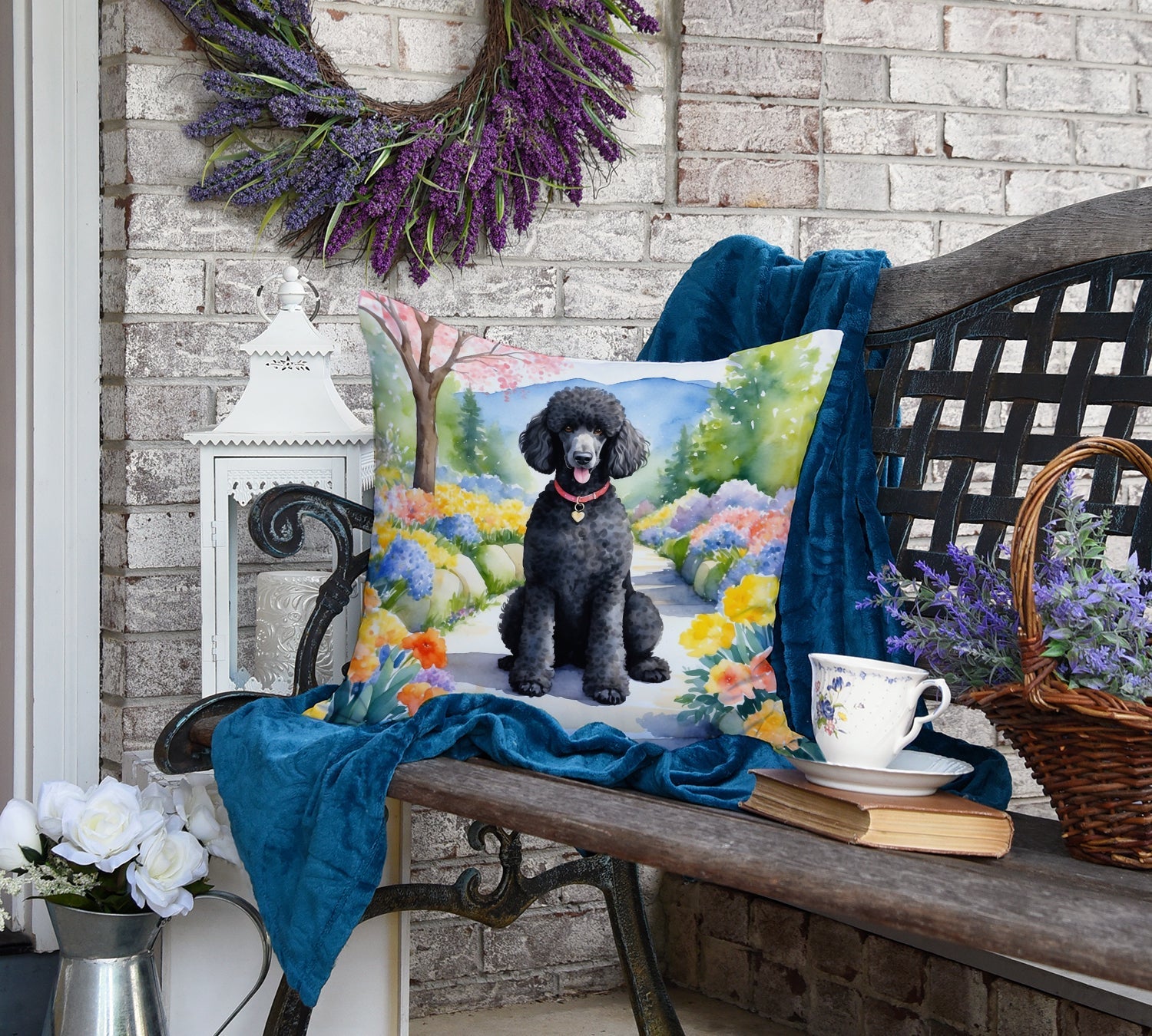 Black Poodle Spring Path Decorative Throw Pillow 18x18 Indoor Outdoor Accent Cushion, Fabric Cover with Insert for Sofa, Bed, Porch & Living Room
