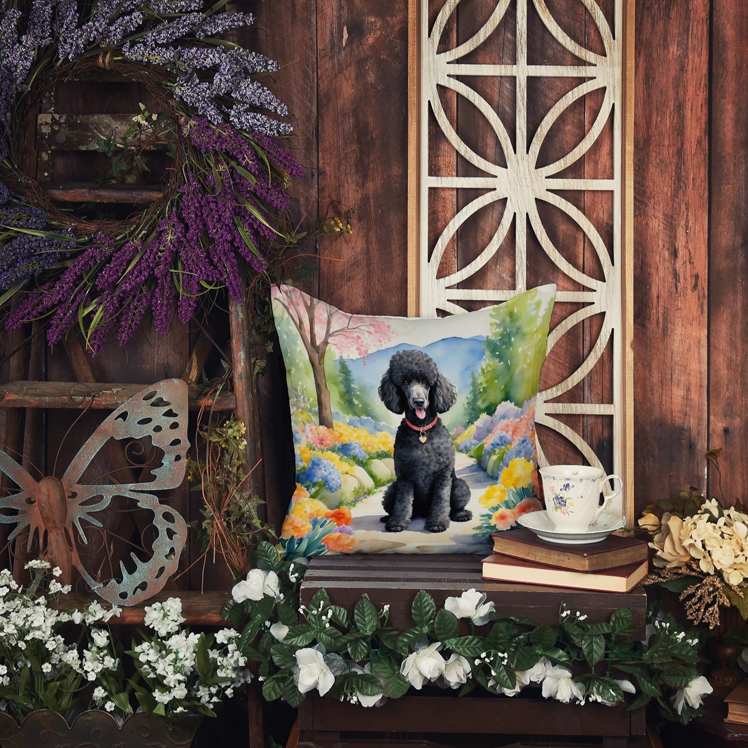 Black Poodle Spring Path Decorative Throw Pillow 18x18 Indoor Outdoor Accent Cushion, Fabric Cover with Insert for Sofa, Bed, Porch & Living Room