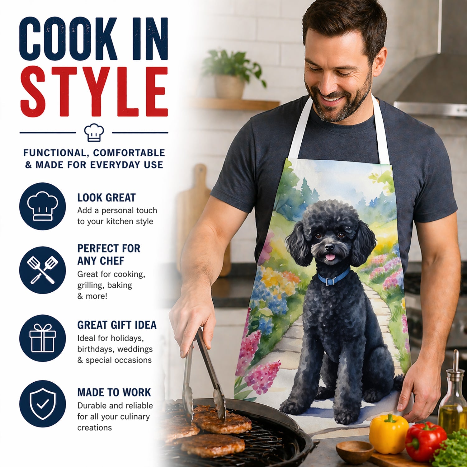 Black Poodle Spring Path Apron Cooking Kitchen Server Baking Crafts Gardening for Adult Women Men, Unisex, Large, Multicolor