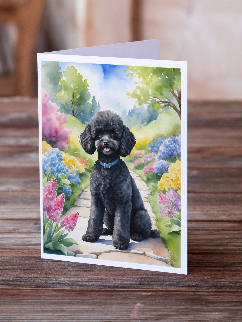 Black Poodle Spring Path Greeting Cards Pack of 8 Blank Cards with Envelopes Whimsical A7 Size 5x7