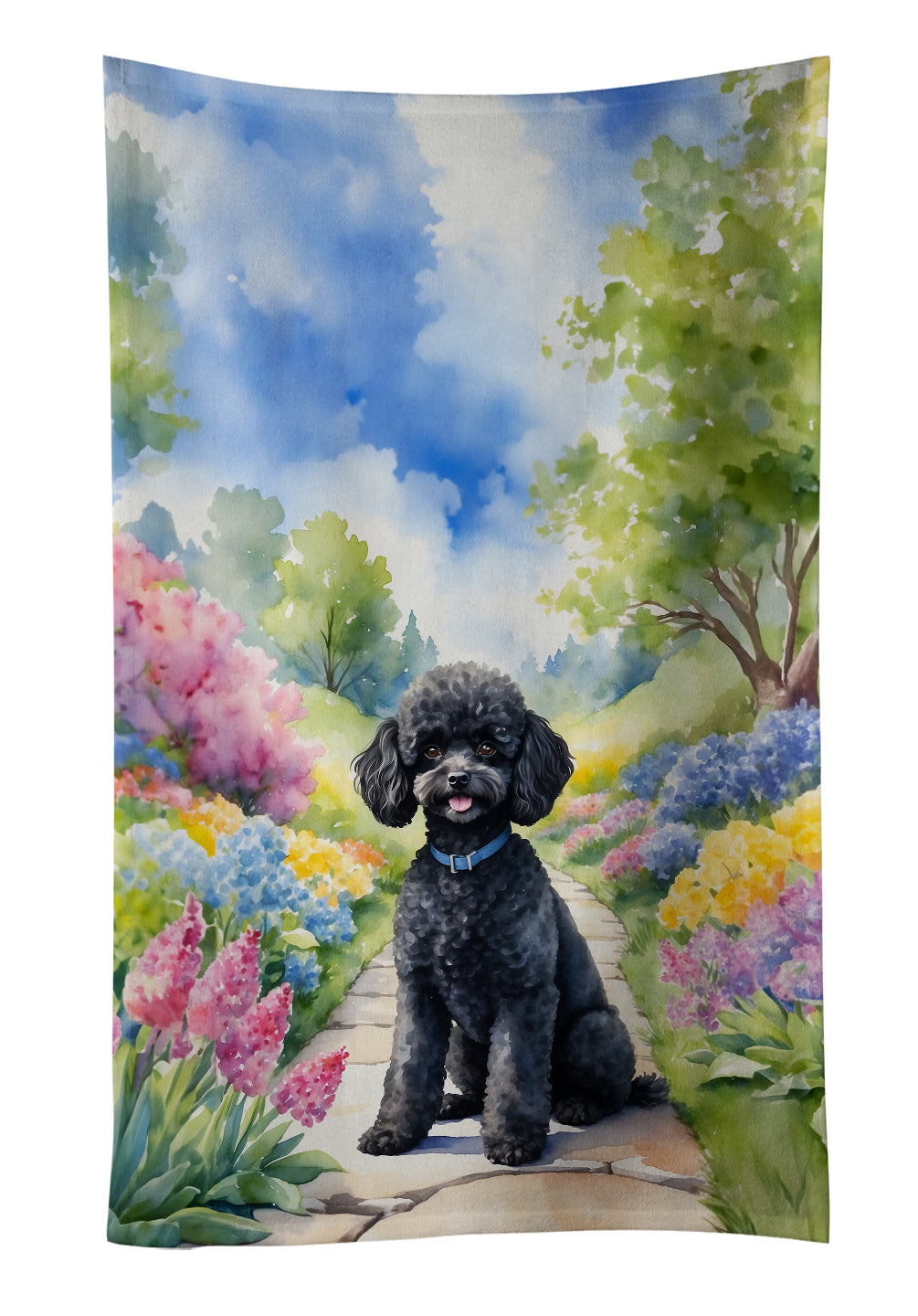 Black Poodle Spring Path Kitchen Towel Velour Plush Front and Cotton Loop Back Machine Washable