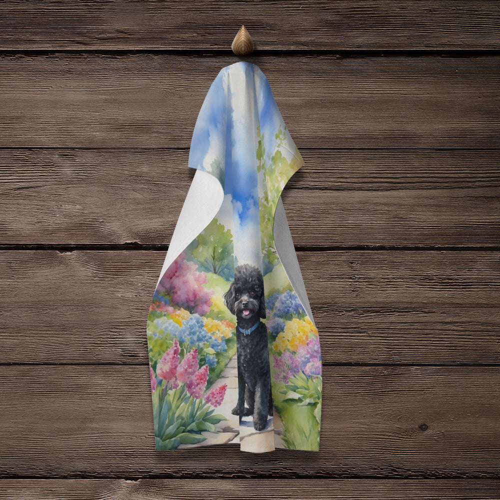 Black Poodle Spring Path Kitchen Towel Velour Plush Front and Cotton Loop Back Machine Washable