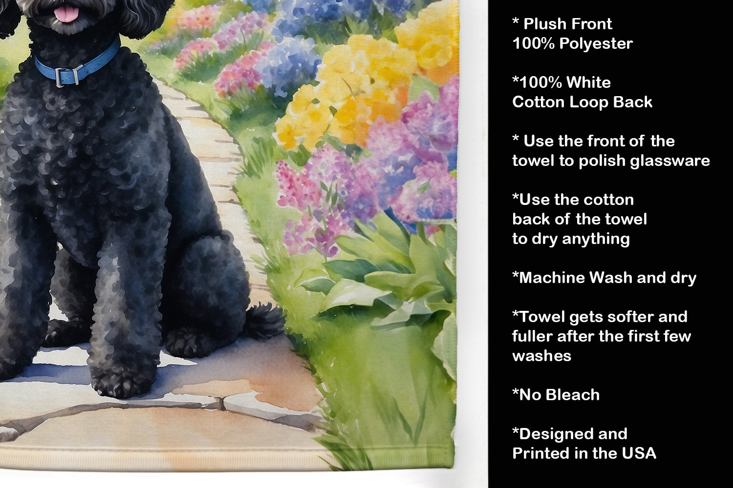 Black Poodle Spring Path Kitchen Towel Velour Plush Front and Cotton Loop Back Machine Washable