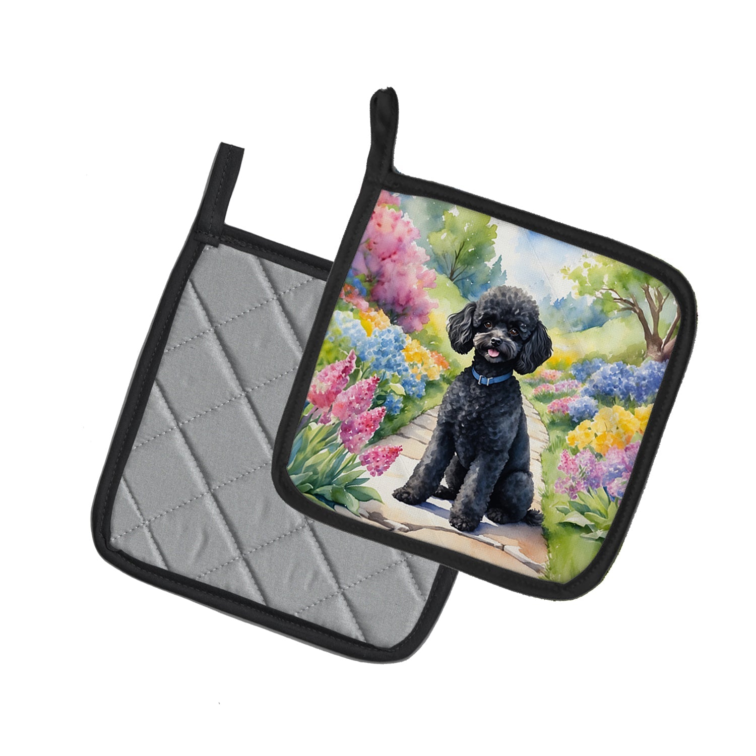 Black Poodle Spring Path Pot Holder Set of 2 Heat Resistant Quilted Hot Pads 7.5 x 7.5 Inch, Insulated Kitchen Trivets for Cooking & Baking