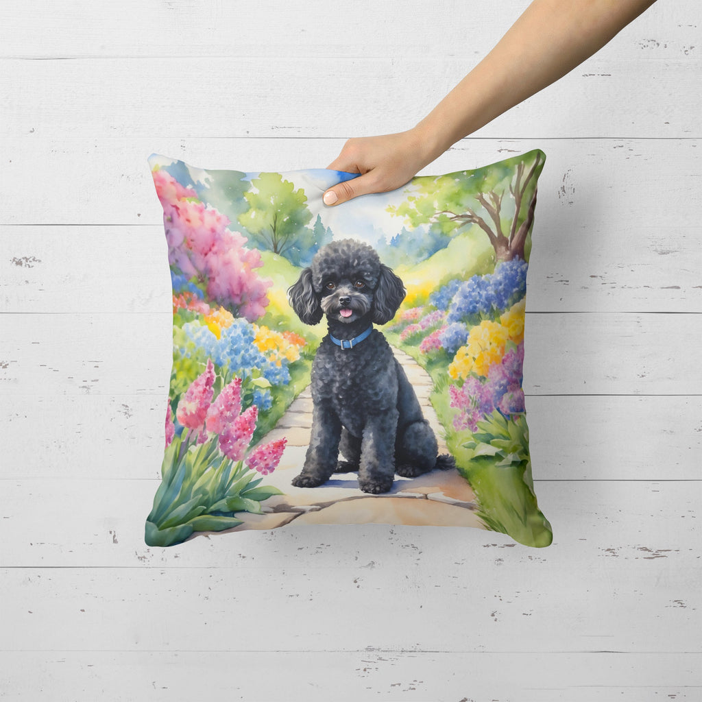 Black Poodle Spring Path Decorative Throw Pillow 18x18 Indoor Outdoor Accent Cushion, Fabric Cover with Insert for Sofa, Bed, Porch & Living Room