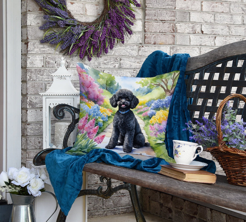 Black Poodle Spring Path Decorative Throw Pillow 18x18 Indoor Outdoor Accent Cushion, Fabric Cover with Insert for Sofa, Bed, Porch & Living Room