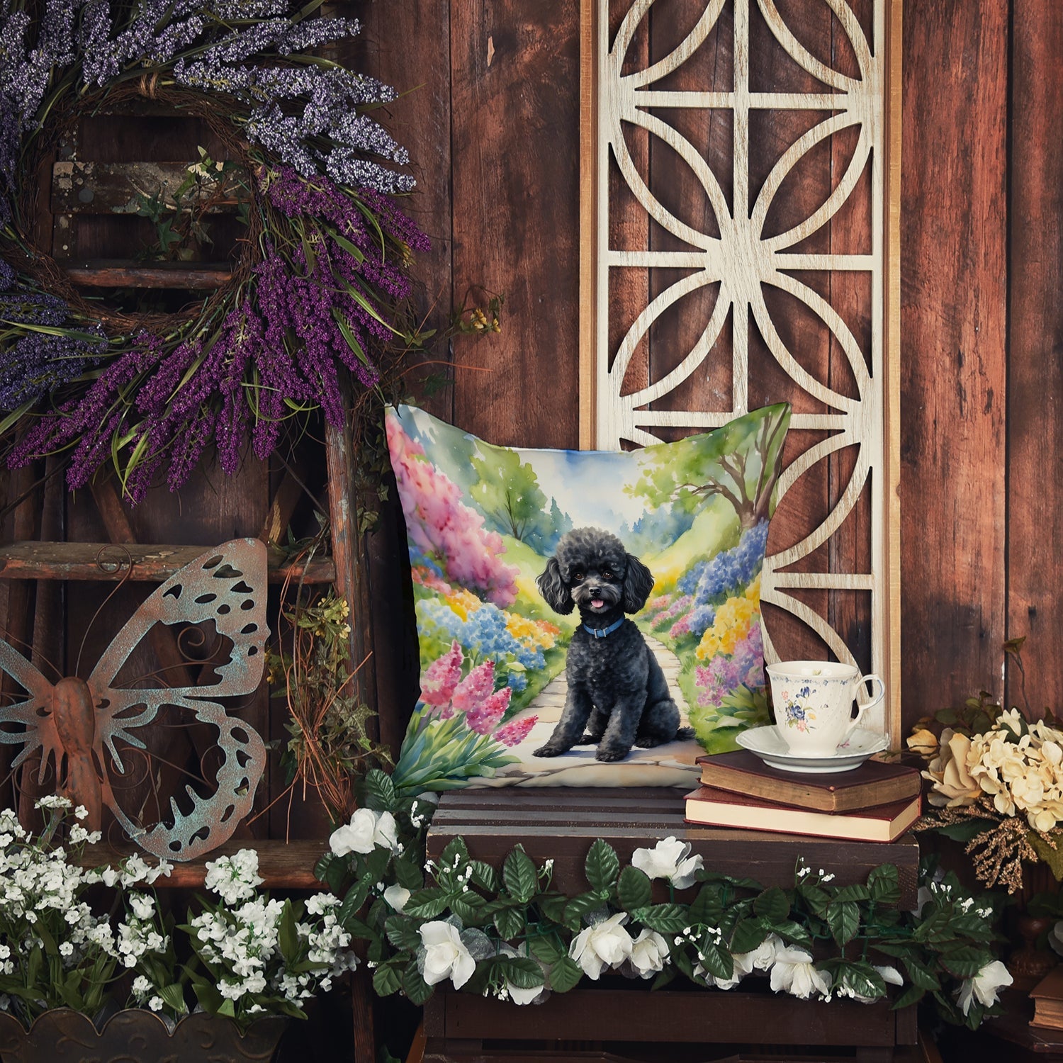 Black Poodle Spring Path Decorative Throw Pillow 18x18 Indoor Outdoor Accent Cushion, Fabric Cover with Insert for Sofa, Bed, Porch & Living Room