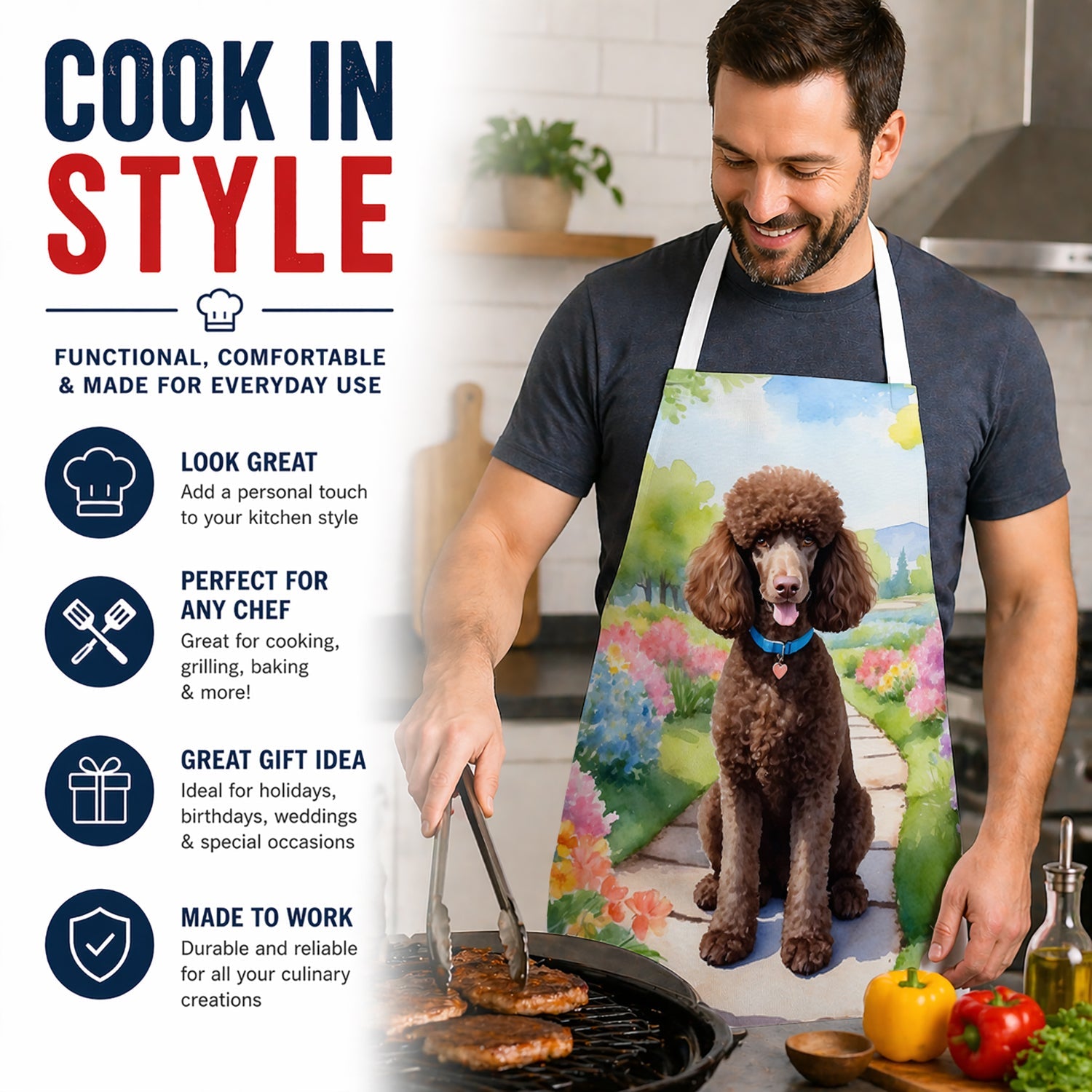 Chocolate Poodle Spring Path Apron Cooking Kitchen Server Baking Crafts Gardening for Adult Women Men, Unisex, Large, Multicolor