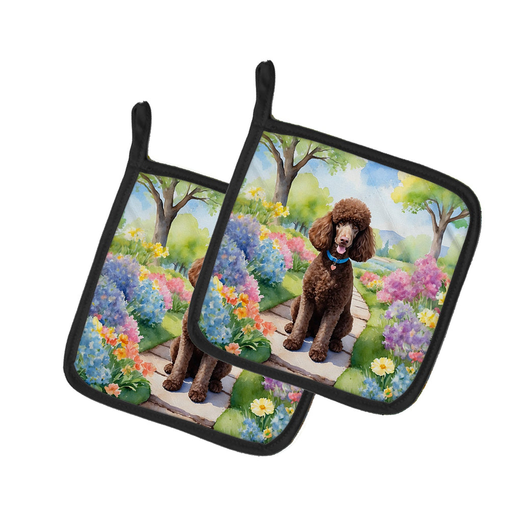 Chocolate Poodle Spring Path Pot Holder Set of 2 Heat Resistant Quilted Hot Pads 7.5 x 7.5 Inch, Insulated Kitchen Trivets for Cooking & Baking