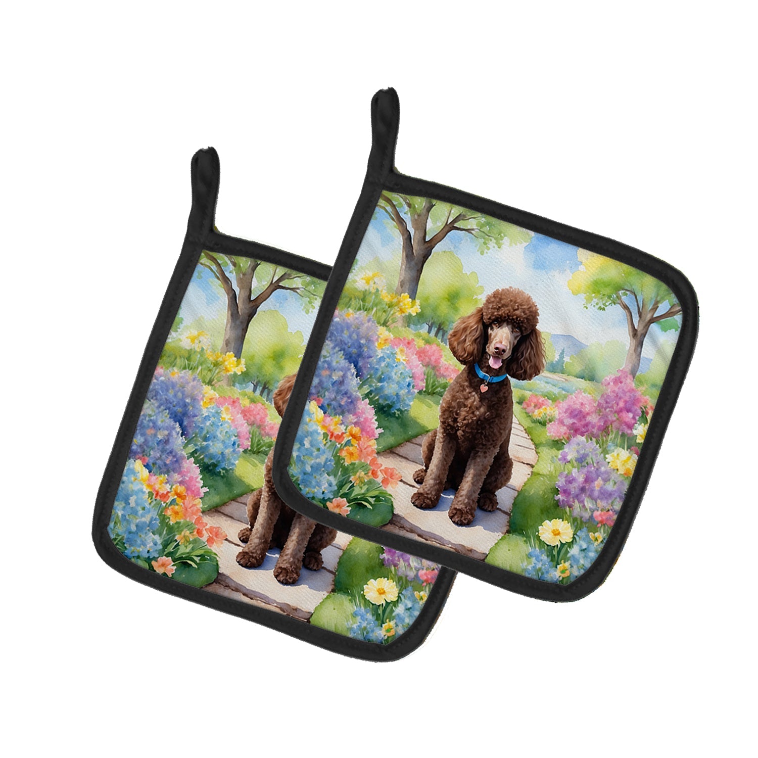 Chocolate Poodle Spring Path Pot Holder Set of 2 Heat Resistant Quilted Hot Pads 7.5 x 7.5 Inch, Insulated Kitchen Trivets for Cooking & Baking