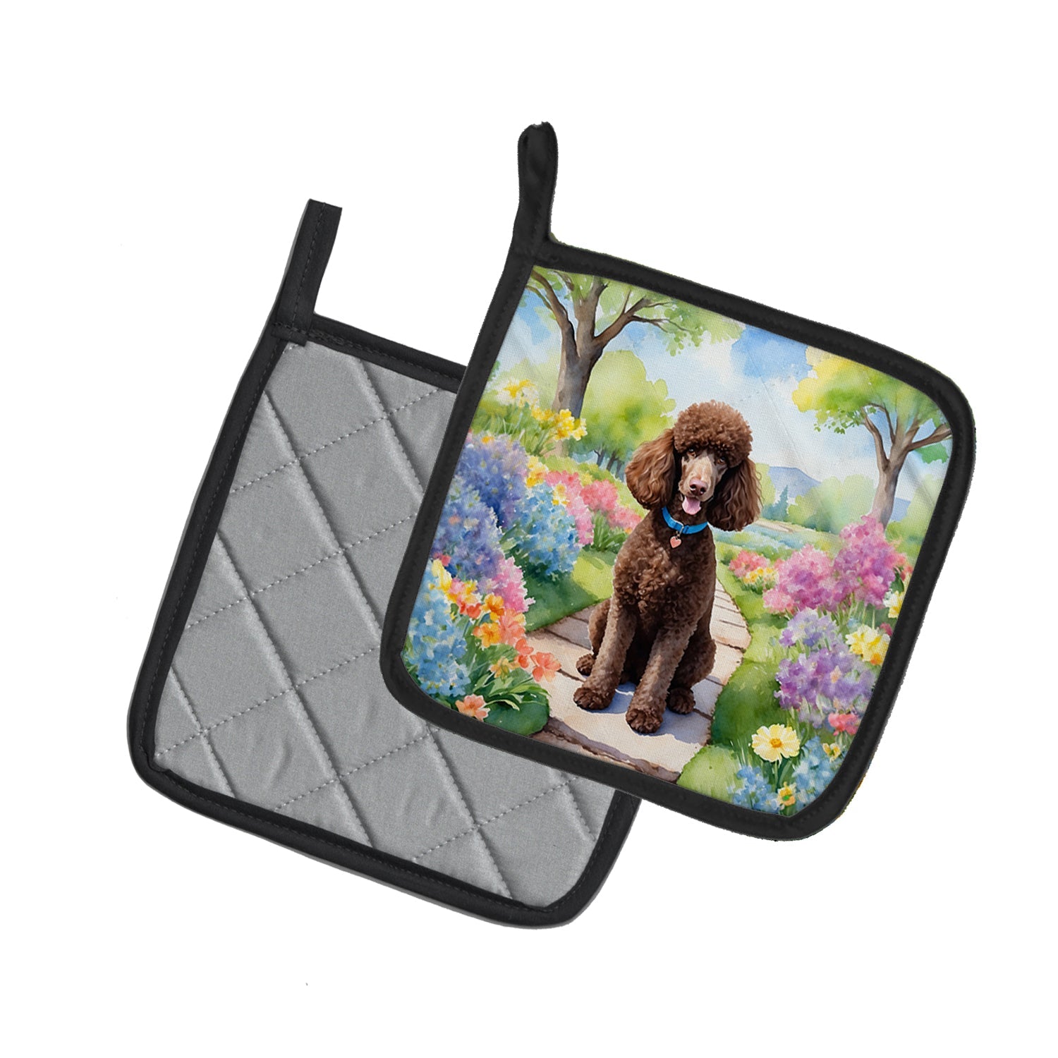 Chocolate Poodle Spring Path Pot Holder Set of 2 Heat Resistant Quilted Hot Pads 7.5 x 7.5 Inch, Insulated Kitchen Trivets for Cooking & Baking