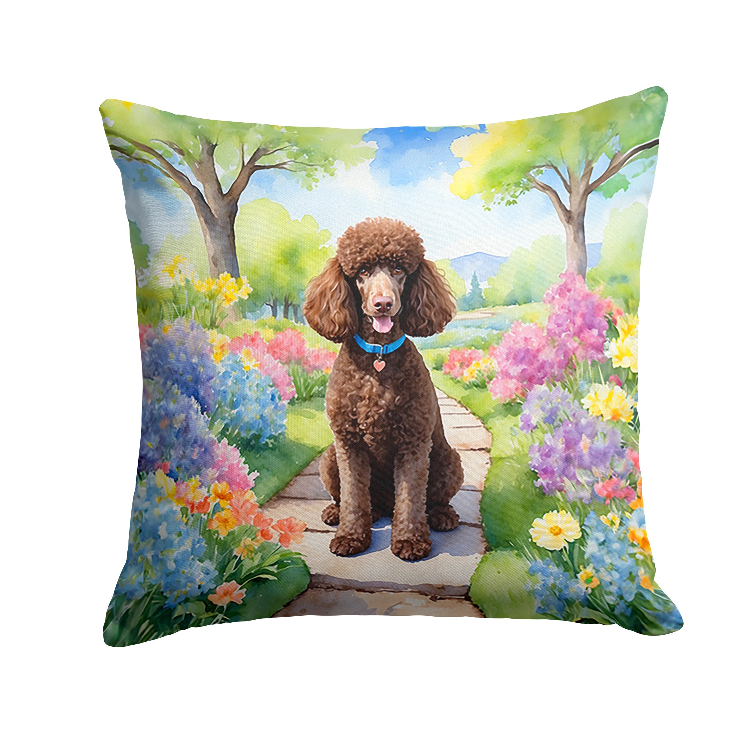 Chocolate Poodle Spring Path Decorative Throw Pillow 18x18 Indoor Outdoor Accent Cushion, Fabric Cover with Insert for Sofa, Bed, Porch & Living Room