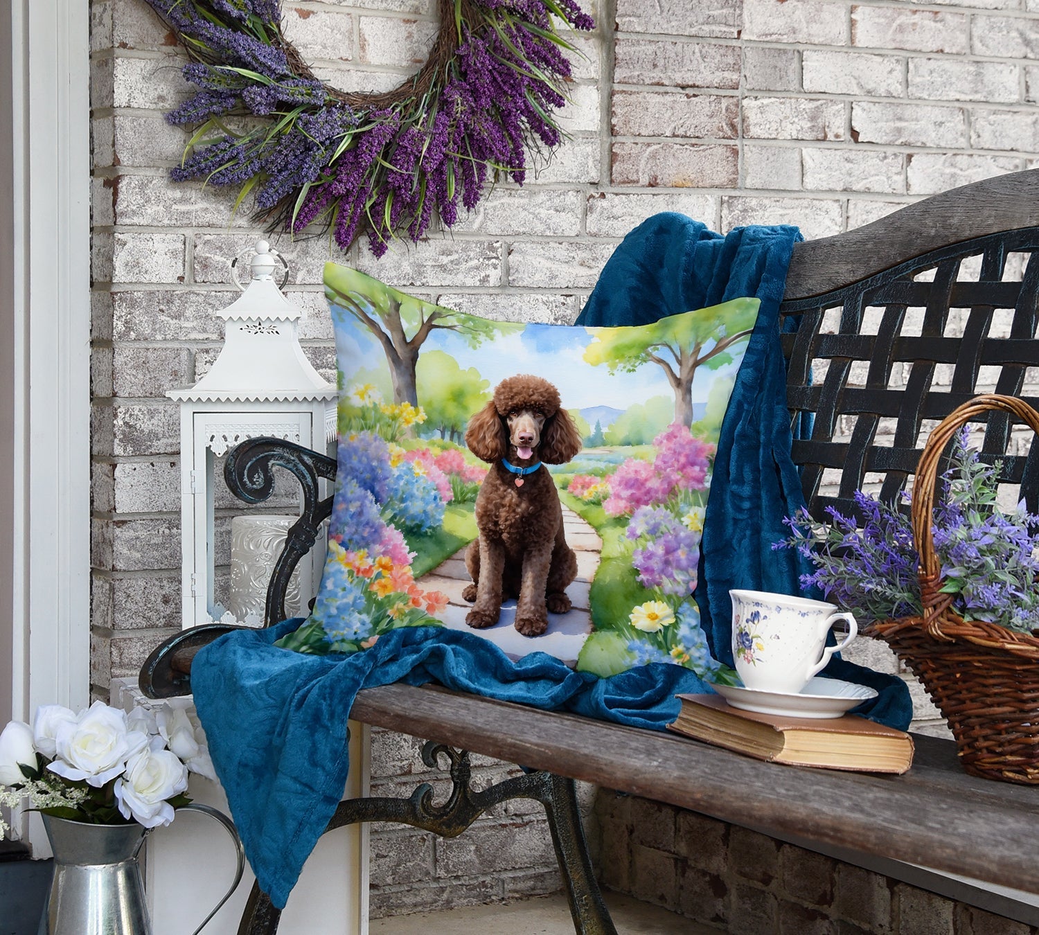 Chocolate Poodle Spring Path Decorative Throw Pillow 18x18 Indoor Outdoor Accent Cushion, Fabric Cover with Insert for Sofa, Bed, Porch & Living Room