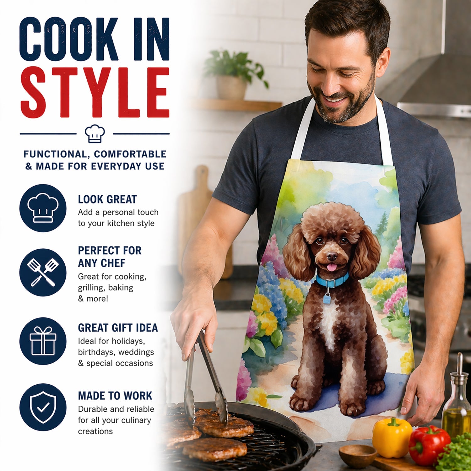 Chocolate Poodle Spring Path Apron Cooking Kitchen Server Baking Crafts Gardening for Adult Women Men, Unisex, Large, Multicolor